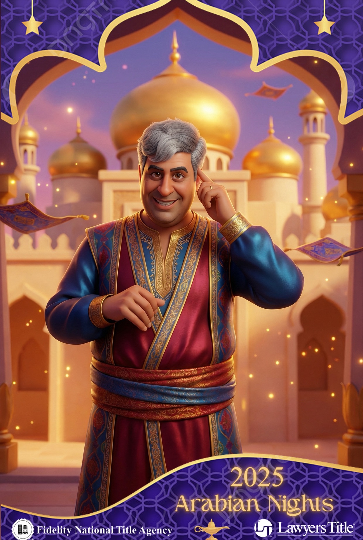 AI-generated branded photo booth output for Fidelity National Title Arabian Nights corporate event, Tucson AZ